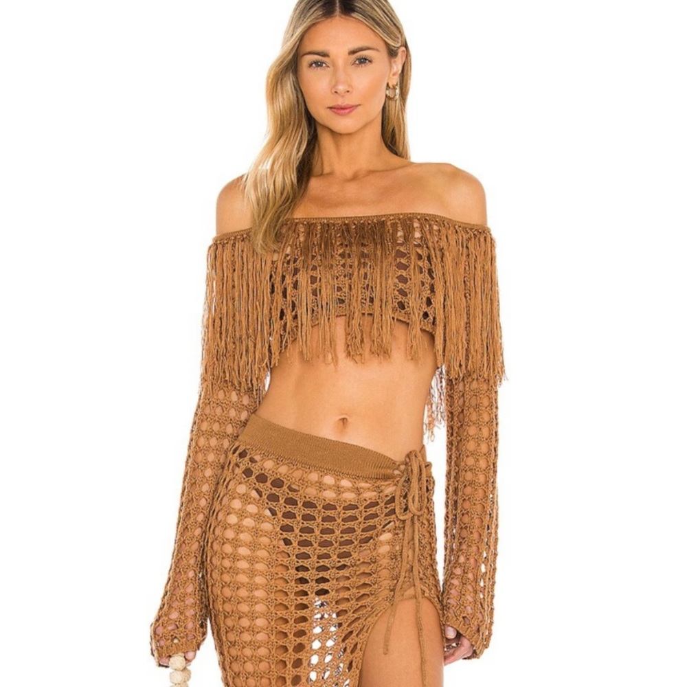 Lover Friends Sweater Crop Fringe Boho Cover Up Beach Crochet Long Sleeve Top S